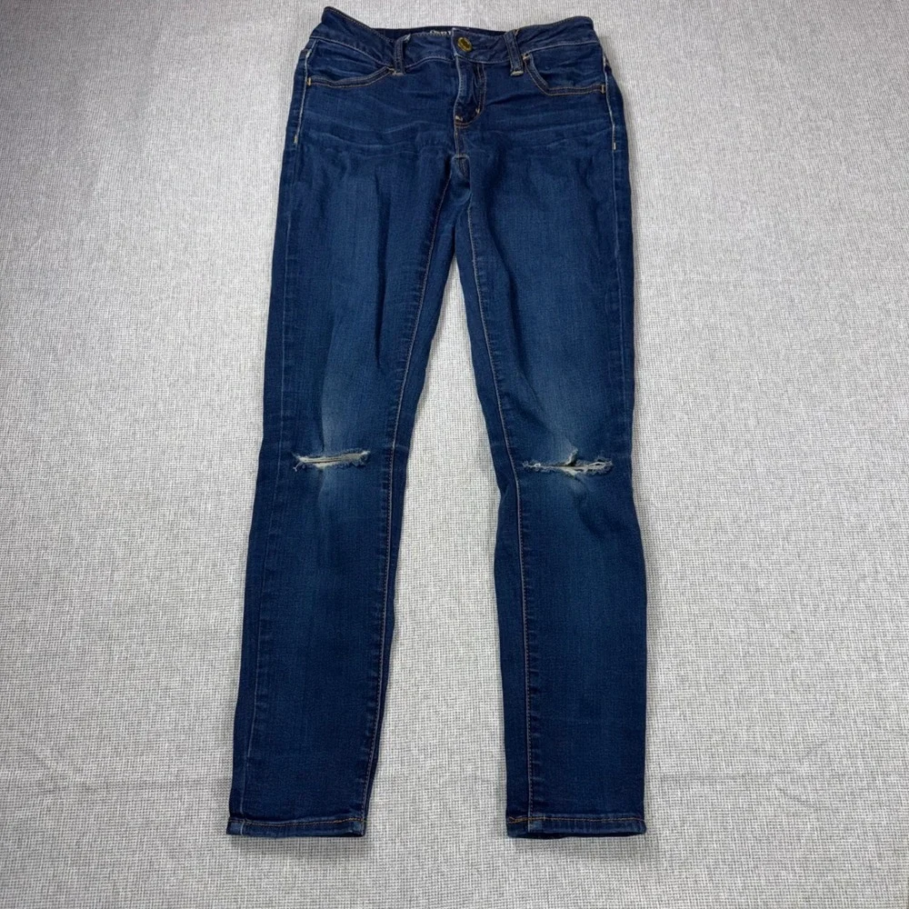 American Eagle Super Stretch Jeggings Dark Wash Distressed Ripped Knee Size 0